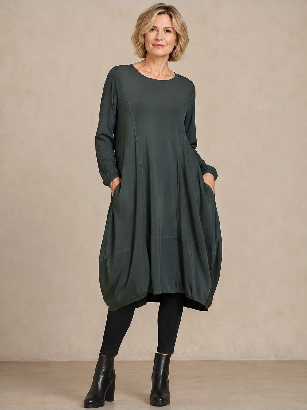 Comfy USA olive green modal jersey knit Lagenlook oversized drape dress size M